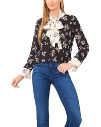 Cece - Floral Bow-tie V-neck Button-up Long Cuff-sleeve Blouse - Lyst