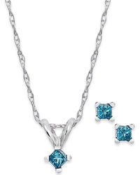Macy's - 10k White Gold Blue Diamond Pendant Necklace And Stud Earrings Set (1/10 Ct. T.w.) - Lyst