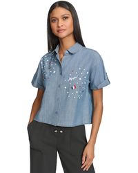 Karl Lagerfeld - Embellished Cropped Chambray Top - Lyst