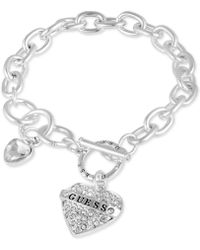 Guess - Silver-tone Crystal Logo Heart Charm Link Bracelet - Lyst