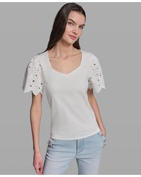 KARL LAGERFELD - Eyelet Mix Media V-neck Top - Lyst