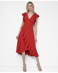 DKNY - Ruffle Sleeve V Neck Midi Dress - Lyst
