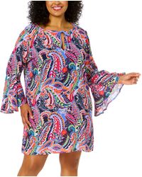 Anne Cole - Plus Size Drawstring V-neck Bell-sleeve Tunic Cover-up - Lyst