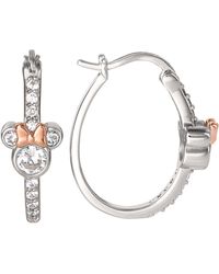 Disney Minnie Mouse Cz Hoop Earrings In Sterling Silver And 18k Rose Gold Over Silver - Metallic