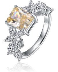 Genevive Jewelry - Sterling Silver Canary & White Cubic Zirconia Radiant Leaf Trellis Cluster Statement Ring - Lyst