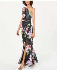 Adrianna Papell Floral-print One-shoulder Gown - Black