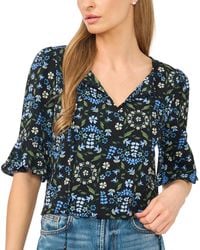 Cece - Floral-print Split-tie Neck Ruffle-cuff 3/4-sleeve Blouse - Lyst