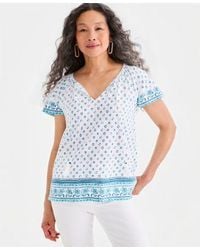Style & Co. - Style Co Printed Split Neck Flutter Sleeve Top Macys Exclusive - Lyst