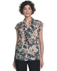 Calvin Klein - Printed Flutter-sleeve Ruffle Blouse - Lyst