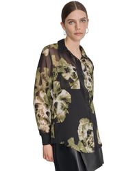 DKNY - Printed Button-front Long-sleeve Shirt - Lyst