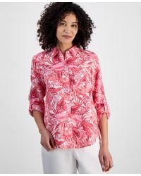 売れ筋商品|||チャータークラブ カットソー トップス レディース Petite 100% Linen Floral-Print Tie-Front Shirt, Exclusively at Macy's Bright White Charter Club Petite 100% Linen Floral-print Tie-front Shirt