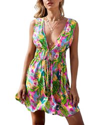 CUPSHE - Pink & Green Tropical Plunging Mini Beach Dress - Lyst
