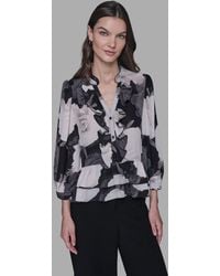 Karl Lagerfeld - V-neck Floral Print Ruffle Detail Top - Lyst