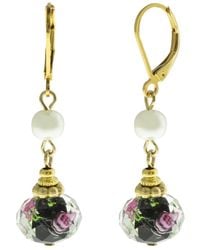 2028 - Gold-tone Imitation Pearl And Black Floral Drop Bead Earrings - Lyst