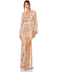 Mac Duggal - Long Sleeve Floral Beaded V Neck Gown W/ Slit - Lyst