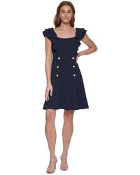 DKNY - Petite Square-neck Double-ruffle-sleeve Fit & Flare Dress - Lyst