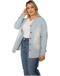Standards & Practices - Plus Size Pinstripe Denim Collarless Jacket - Lyst
