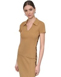 DKNY - V-neck Side-logo Rib-knit Short Sleeve Polo Top - Lyst