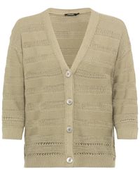 Olsen - Cotton Linen Blend 3/4 Sleeve Crochet Stripe Cardigan - Lyst