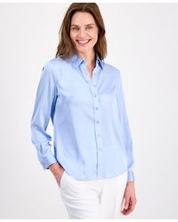 Kasper - Button-front Long-sleeve Collared Neck Blouse - Lyst