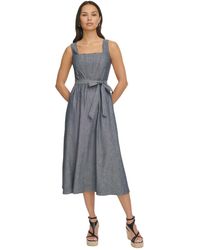 DKNY - Chambray Square-neck Sleeveless Midi Dress - Lyst
