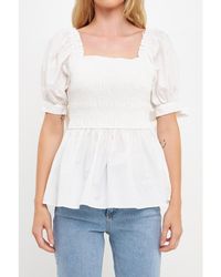 English Factory - Smocked Bow Tie Peplum Top - Lyst