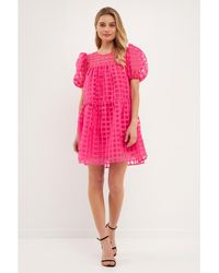 English Factory - Gridded Puff Sleeve Dress - Lyst