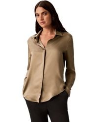 Calvin Klein - Petite Pleated Long-sleeve Button-front Collared Shirt - Lyst