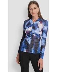 DKNY - Printed V-neck Ruched Top - Lyst