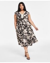 Tahari - Tahari Plus Size Printed V-neck Fit & Flare Dress - Lyst