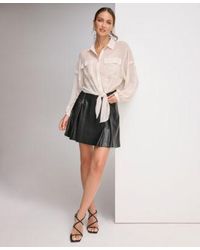 DKNY - Blouson Sleeve Tie Hem Button Front Top Faux Leather Pleated A Line Skirt - Lyst