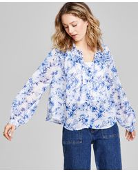 And Now This - Floral-print Button-front Ruffled Tie-neck Woven Blouse - Lyst