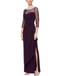 Alex Evenings - Long Illusion 3/4'' Sleeve Side Ruched Dress W/ Embellished Neckline - Lyst