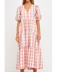 English Factory - Gingham Puff Sleeve Tiered Midi - Lyst