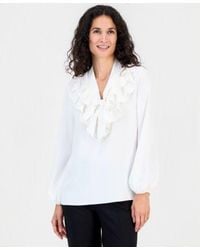 Kasper - Ruffle Neck Tie Front Long Sleeve Blouse - Lyst