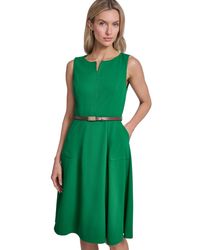 Calvin Klein V-neck Sleeveless Belted Dress in Green | Lyst