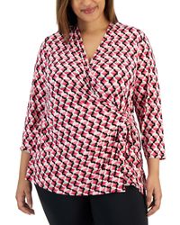 Anne Klein - Plus Size Printed 3/4-sleeve V-neck Wrap Top - Lyst