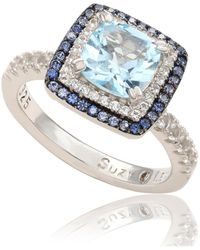 SUZY LEVIAN NEW YORK - Suzy Levian Sterling Silver Cushion Cut Topaz And Sapphire Double Halo Ring - Lyst