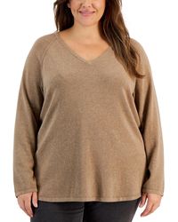 Karen Scott - Plus Size Cotton V-neck Curved-hem Sweater - Lyst