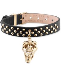 Philipp Plein - Gold-tone Ip Stainless Steel Pave Crowned 3d $kull Charm Studded Leather Bracelet - Lyst