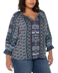 Liverpool Los Angeles - Plus Size Printed V-neck Button-front 3/4-sleeve Blouse - Lyst