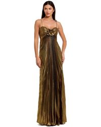 Mac Duggal - Thin Strap Pleated Metallic Gown With 3d Flower - Lyst