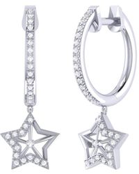LuvMyJewelry - Lucky Star Design Sterling Silver Diamond Hoop Earring - Lyst