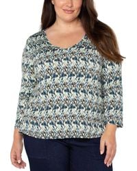 Liverpool Los Angeles - Liverpool Plus Size Printed 3/4-sleeve V-neck Top - Lyst