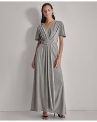 DKNY - Metallic Pleated Belted Flutter-sleeve Gown - Lyst