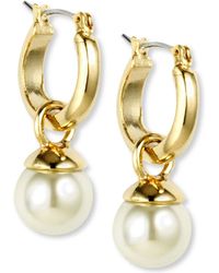 Anne Klein Gold-tone Imitation Pearl Drop Off Hoop Earrings - Metallic