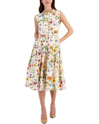 Tahari - Floral Printed Linen-blend Belted Fit & Flare Midi Dress - Lyst