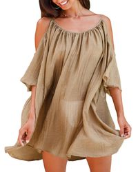 CUPSHE - Sand Flared Sleeve Cut-out Mini Cover-up Dress - Lyst
