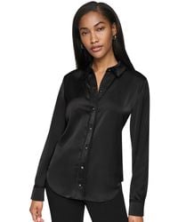 DKNY - Petite Satin Front-button Long-sleeve Top - Lyst