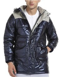 Cahoot - Campus Sutra Blue & Beige Zip-front Puffer Jacket With Fur Detail - Lyst